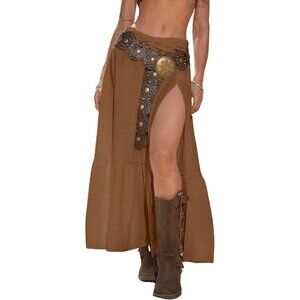 Women's Boho Western Low Rise Maxi Skirt Ruffle High Slit Country Skirt Brown